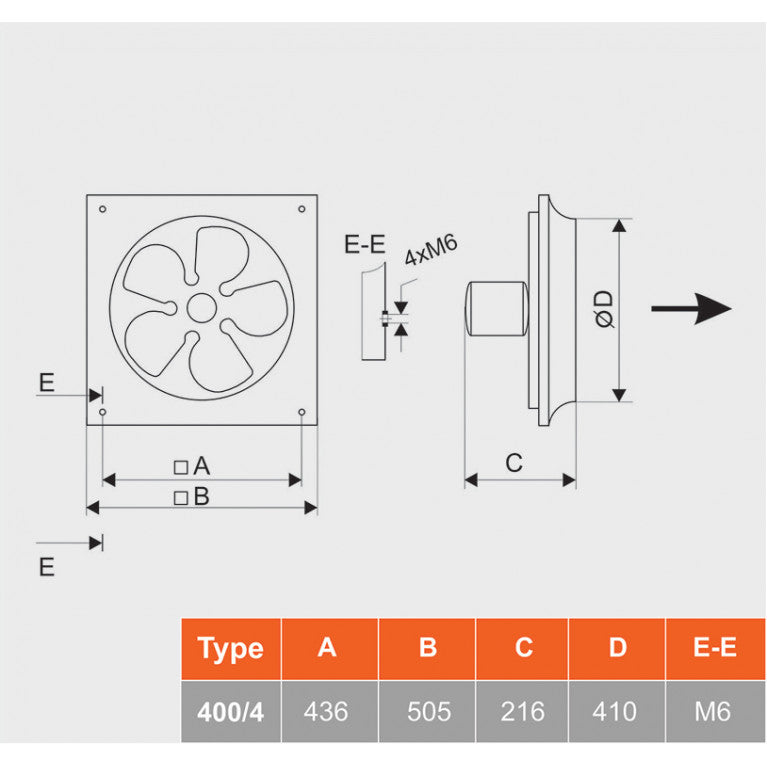Technical drawing of MMotors 400/4 industrial ventilation fan