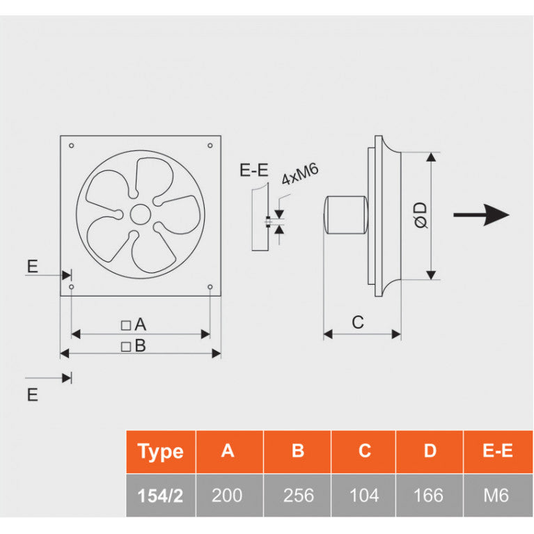 Technical drawing of MMotors 154/2 industrial ventilation fan