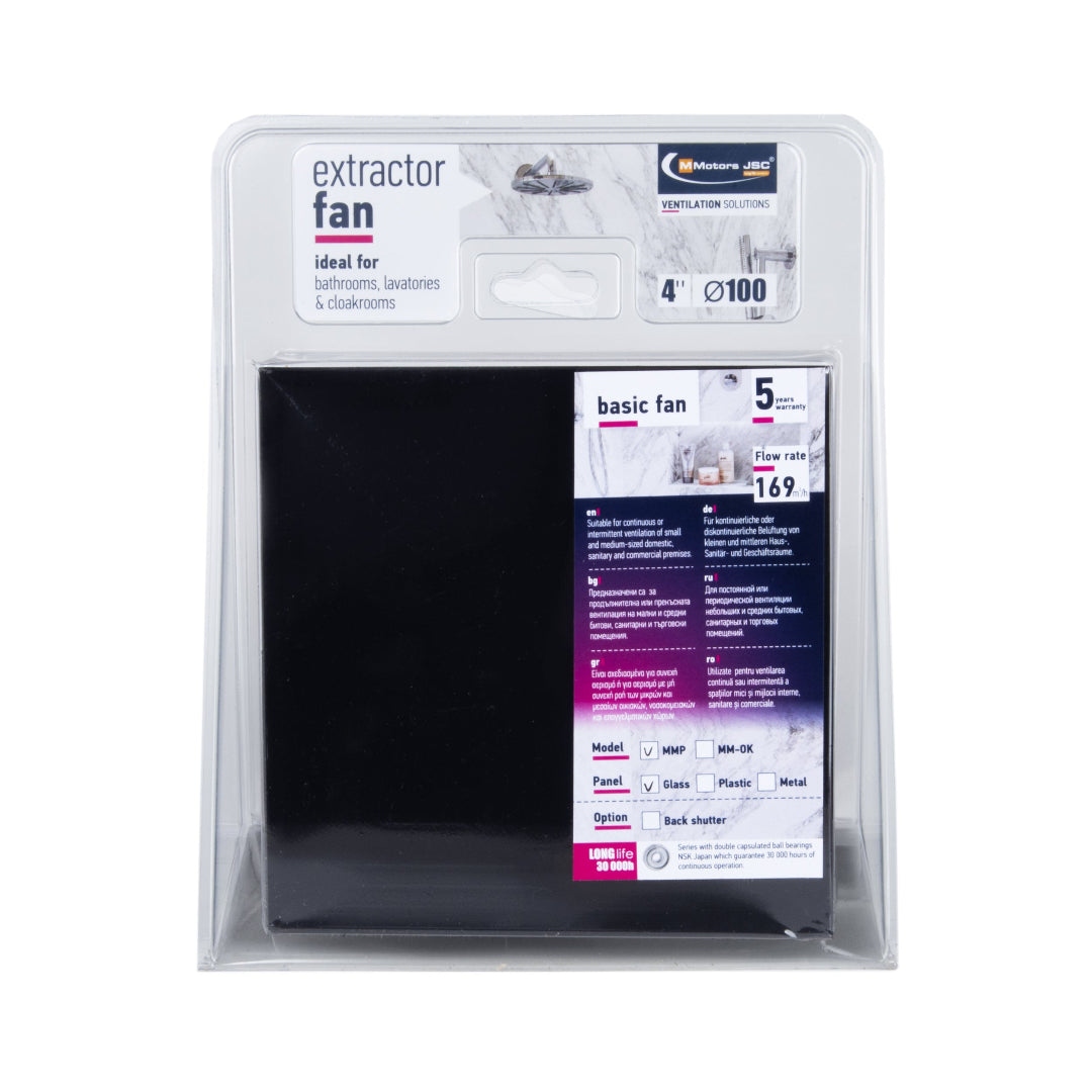 Packaged black bathroom fan with MMotors brand labels