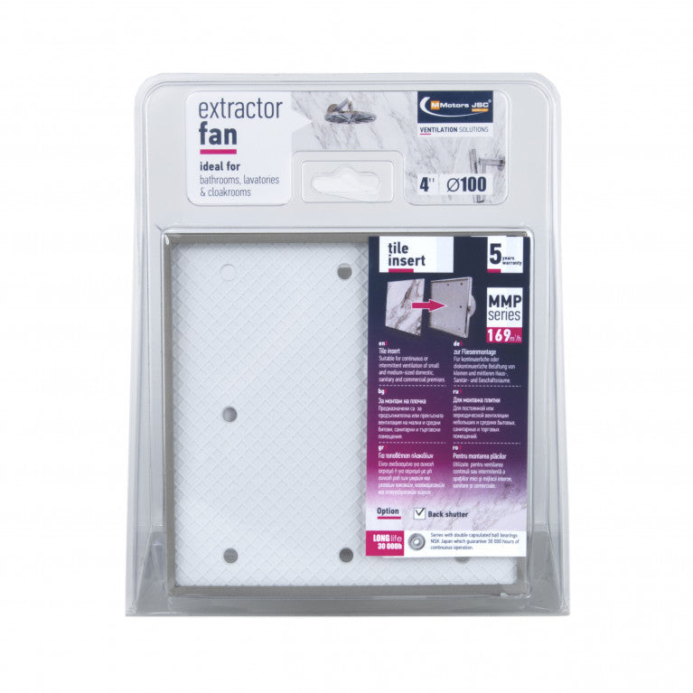 Packaged bathroom fan for tile installation with MMotors brand labels