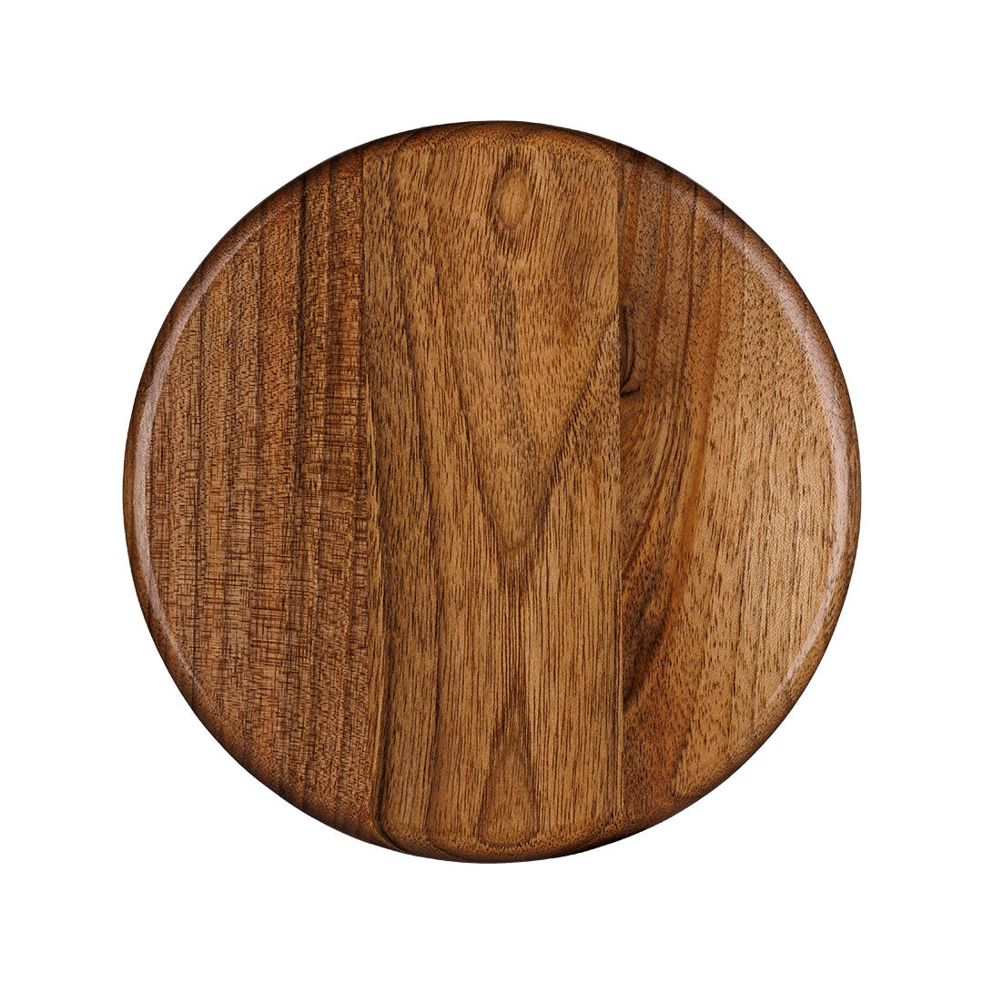 Front view of round bathroom fan with walnut front panel