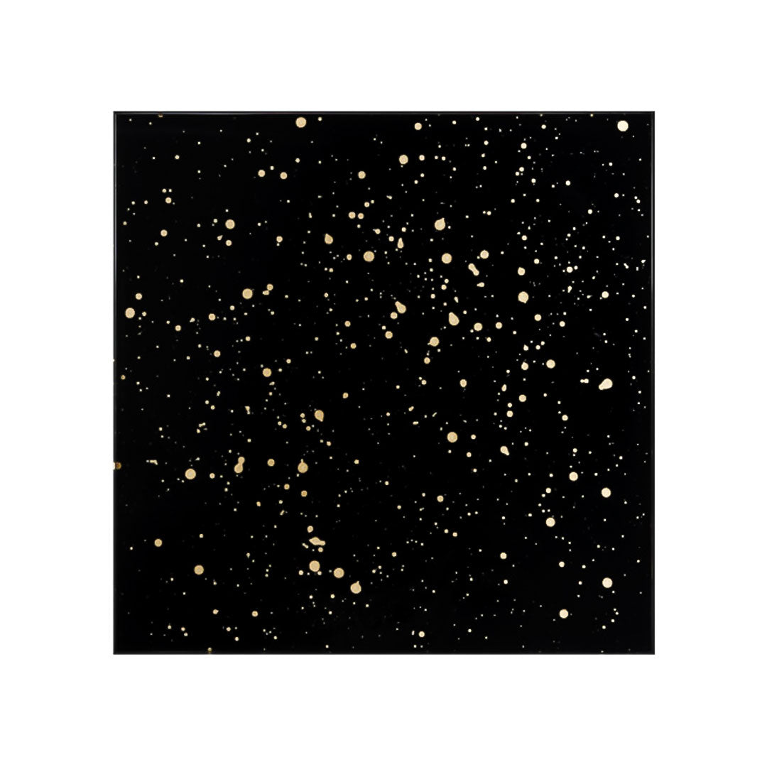 Front look of black glass ultra thin bathroom fan with gold dots