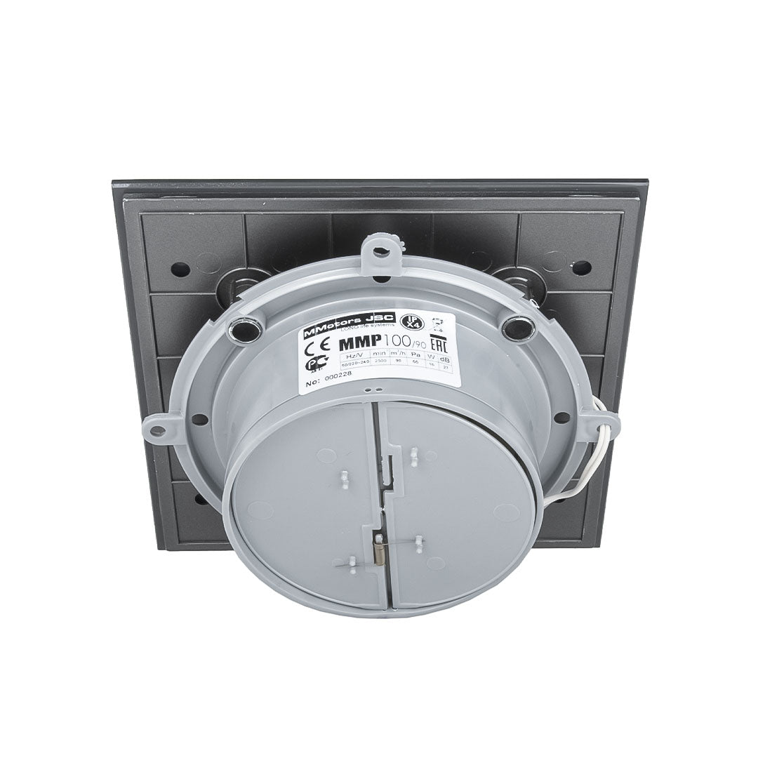 Backside of dark grey ultra thin bathroom fan