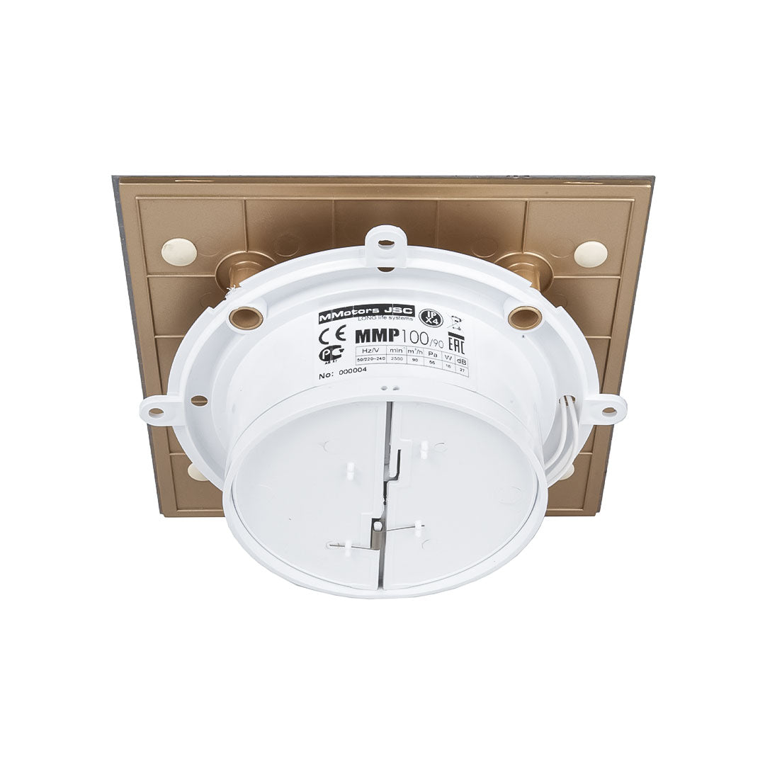 Backside of ultra thin bathroom fan with gold design panel