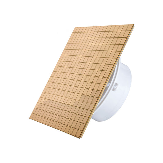Side look of glass ultra thin bathroom fan with gold squares design