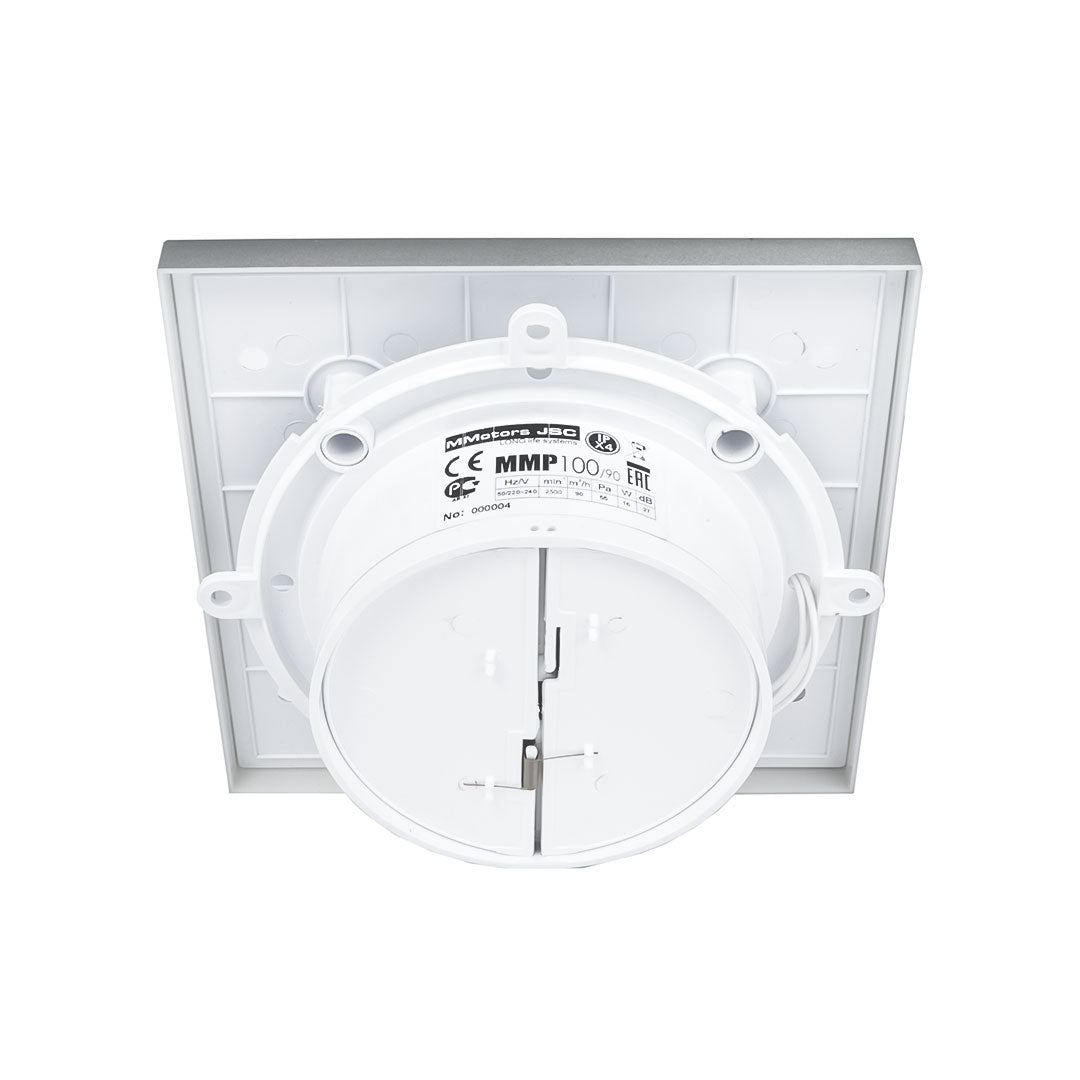 Backside of white ultra thin bathroom fan for tile installation