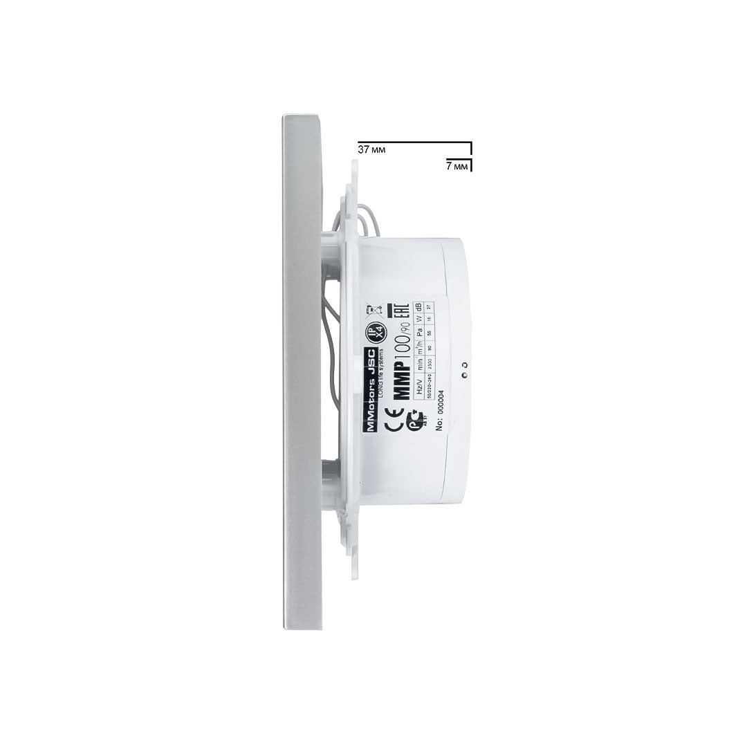 Side dimensions of white ultra thin bathroom fan for tile installation