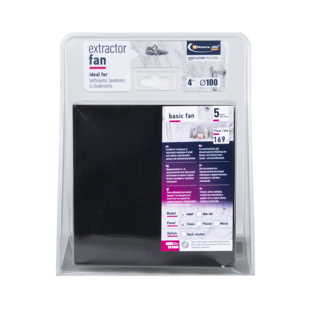 Black glass bathroom fan ellipse matt package