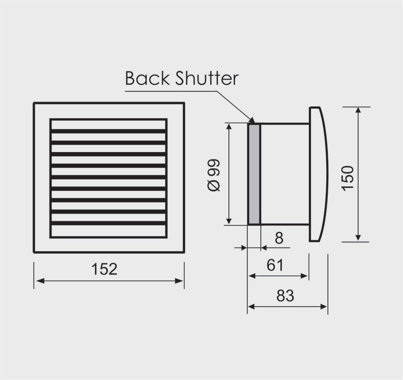 Dimension drawing of white square MMotors household fan