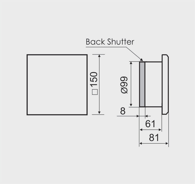Technical drawing of MMotors square sauna ventilation fan