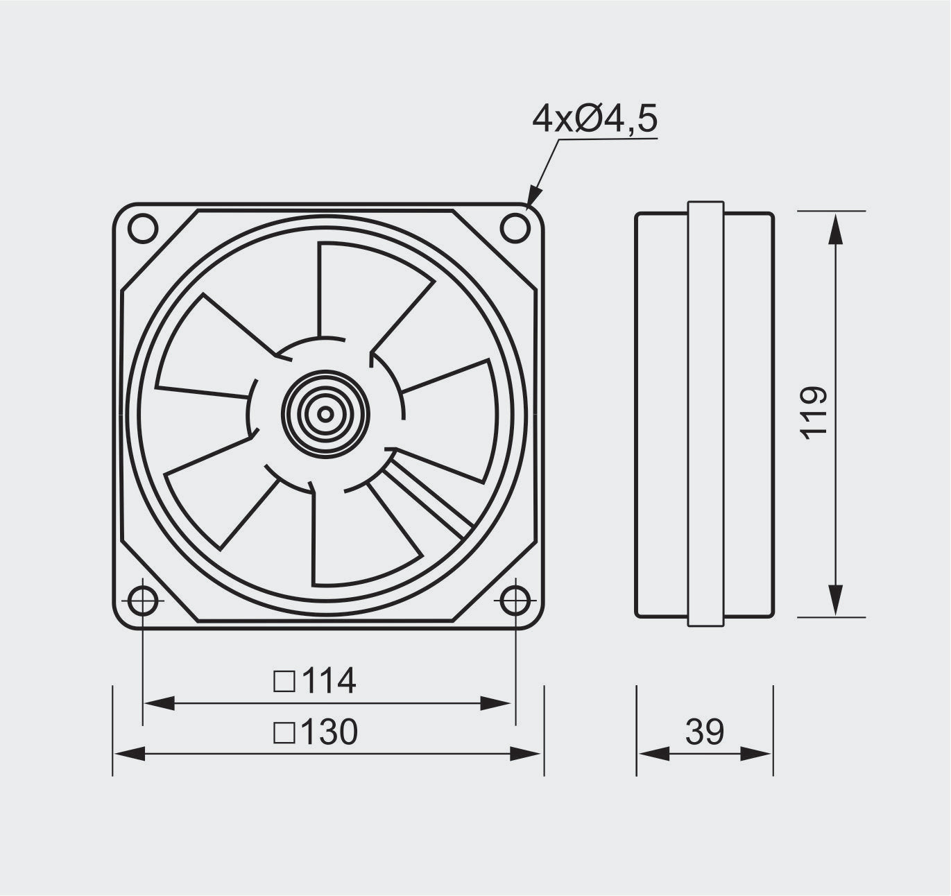Dimension drawing of heat resistant axial fan VA 130mm