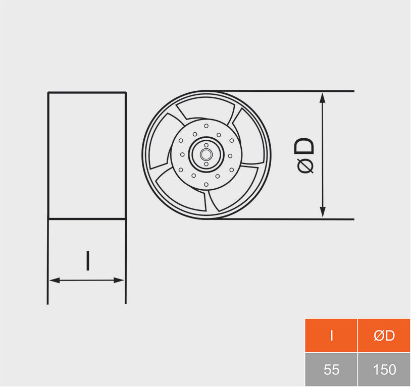 Dimension drawing of heat resistant axial fan 150mm