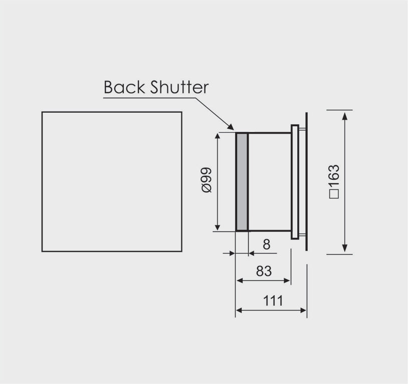 Dimension drawing of square bathroom designer fan of MMotors brand