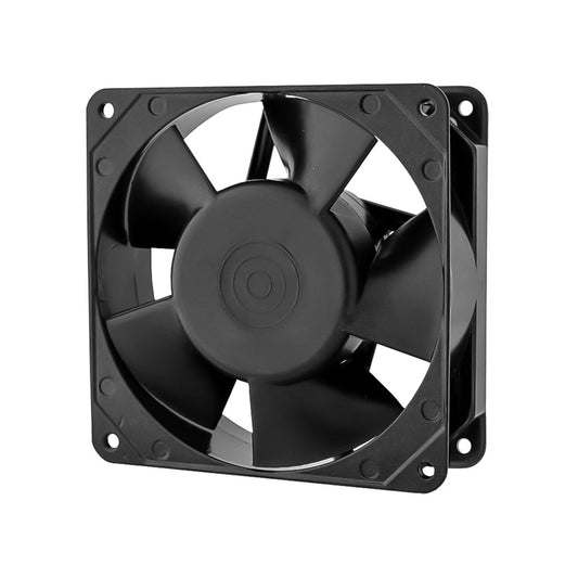Front view of black heat resistant axial fan with five blades and square plate