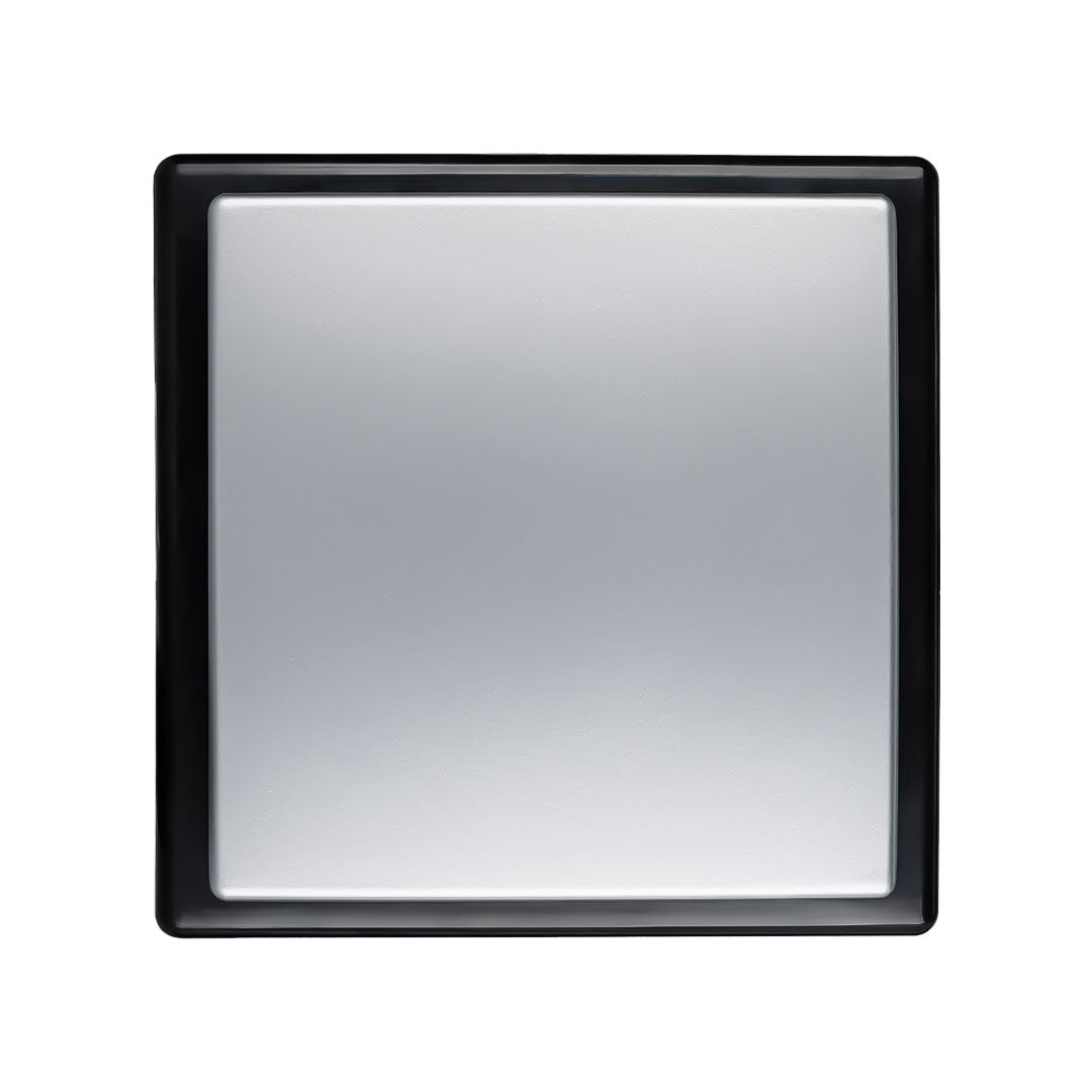 Front view of black body and inox front panel square exhaust household fan