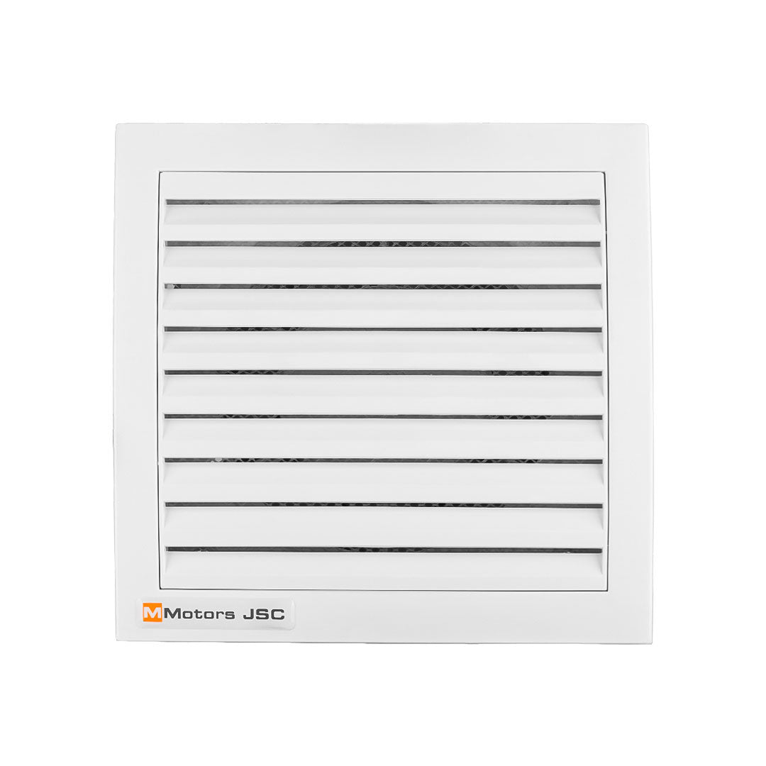 Front view of white square household fan with MMotors logo