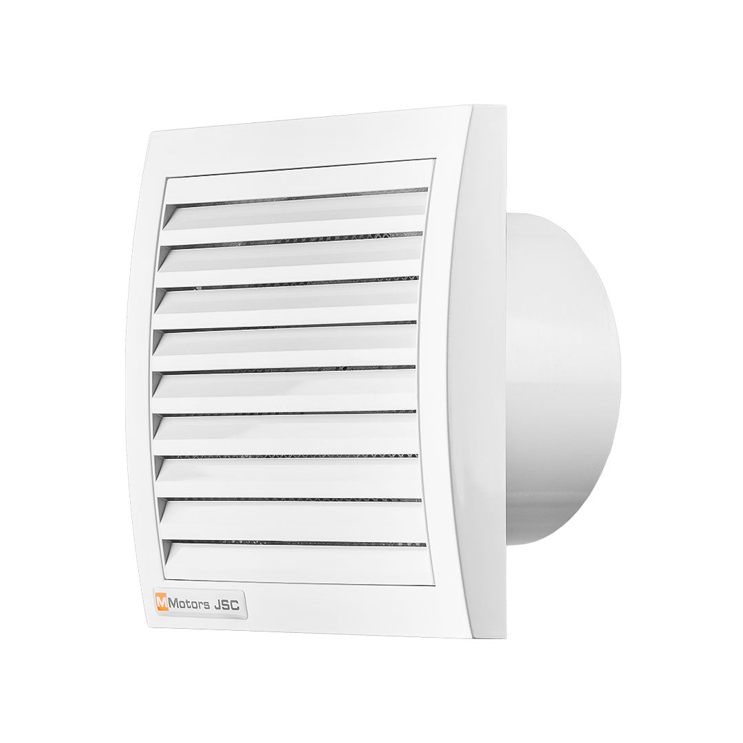 Side view of white square household fan with MMotors logo