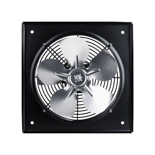 Front view of black industrial ventilation fan with metal blades MMotors