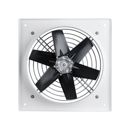 Front view of white industrial ventilation fan with black blades MMotors