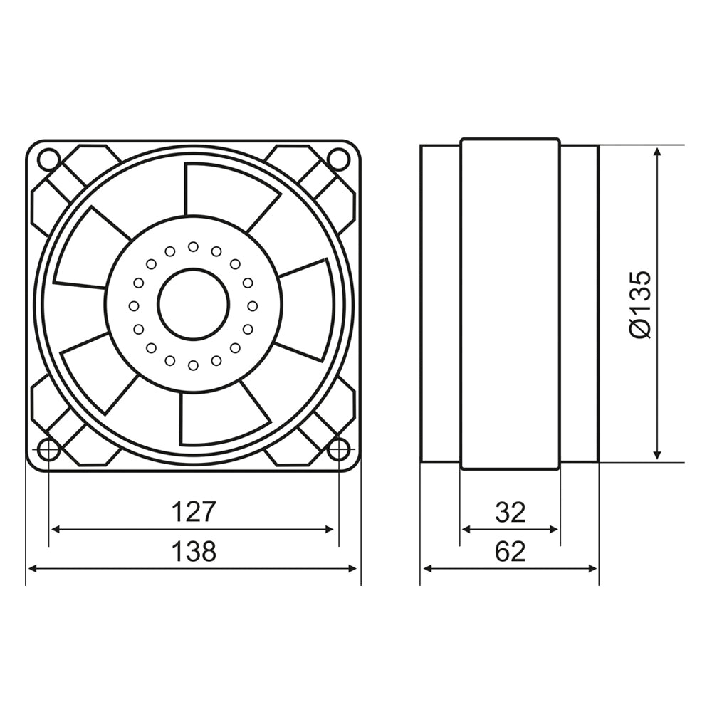 Dimension drawing of heat resistant axial fan VA 150mm