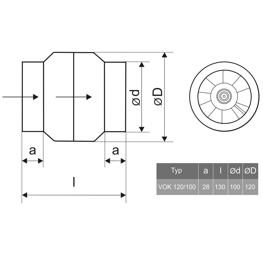 Dimension drawing of high temperature inline duct fan VOK 120-100