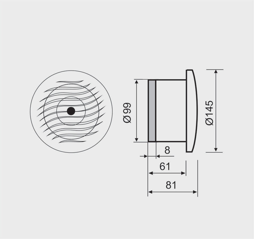 Technical drawing of MMotors round sauna ventilation fan